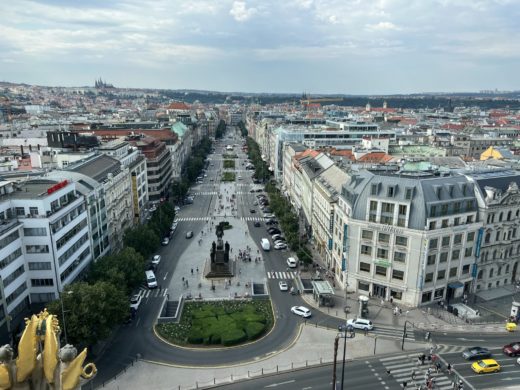 The view through Wenceslas Square from the cupola of the National Museum
