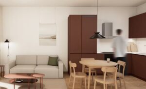 Open-plan living room with kitchen and city views in a premium two-bedroom apartment at Fellows Jaselská, Brno.