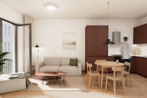 Bright living room in a fully furnished one-bedroom apartment at Fellows Jaselská in Brno.