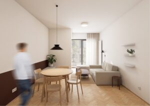 Solid wood dining table in a premium one-bedroom apartment designed by Holky rády architekturu in Brno.