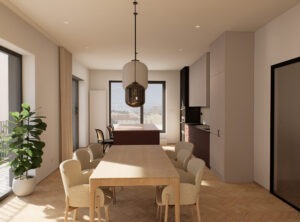 Dining area with a kitchen island in a premium two-bedroom apartment at Fellows Jaselská in Brno.