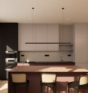 Modern kitchen island with premium finishes in a fully furnished apartment at Fellows Jaselská.