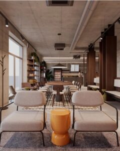 The Miners café at Fellows Jaselská, part of a premium apartment building in Brno's historic city centre.