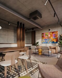Modern interior design of The Miners café inside Fellows Jaselská, a premium residential building in Brno.