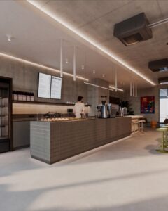 Coffee bar inside The Miners café at Fellows Jaselská, part of a premium serviced apartment building in Brno.