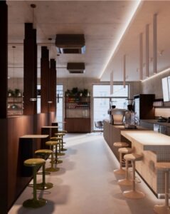 Interior of The Miners café at Fellows Jaselská, offering premium coffee just steps from brand-new apartments for rent in Brno.